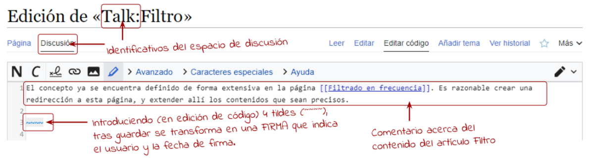 Figura 6: Introducción de un comentario en la página de discusión de un artículo usando el editor de código y la firma automática del comentario.