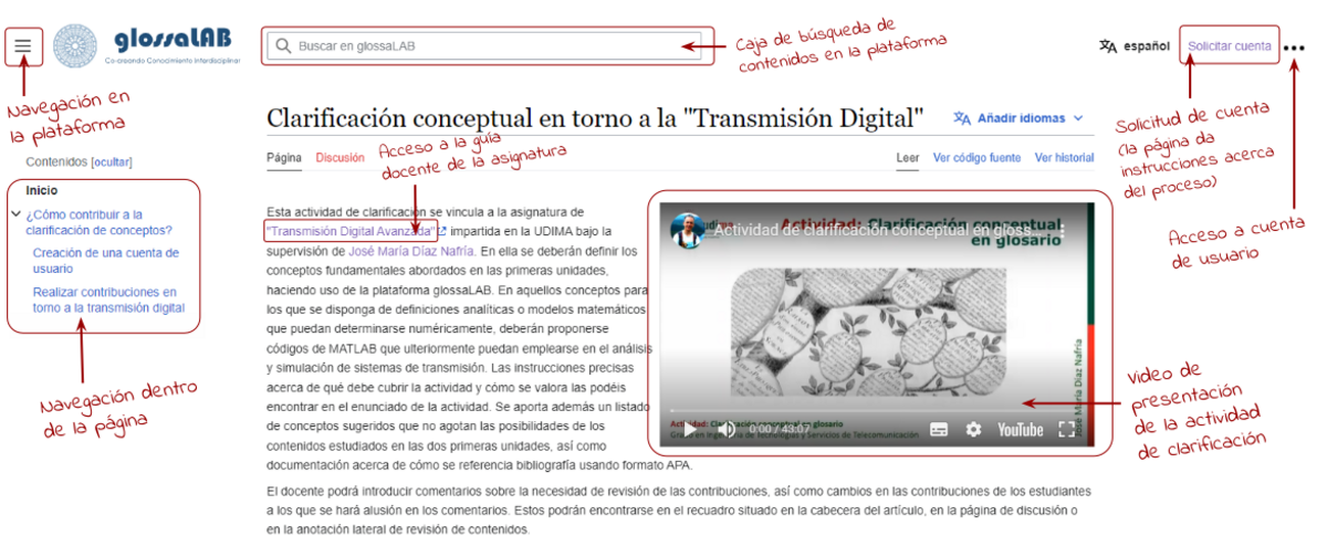 Figura 1: Página de presentación de la actividad de clarificación conceptual en glossaLAB.