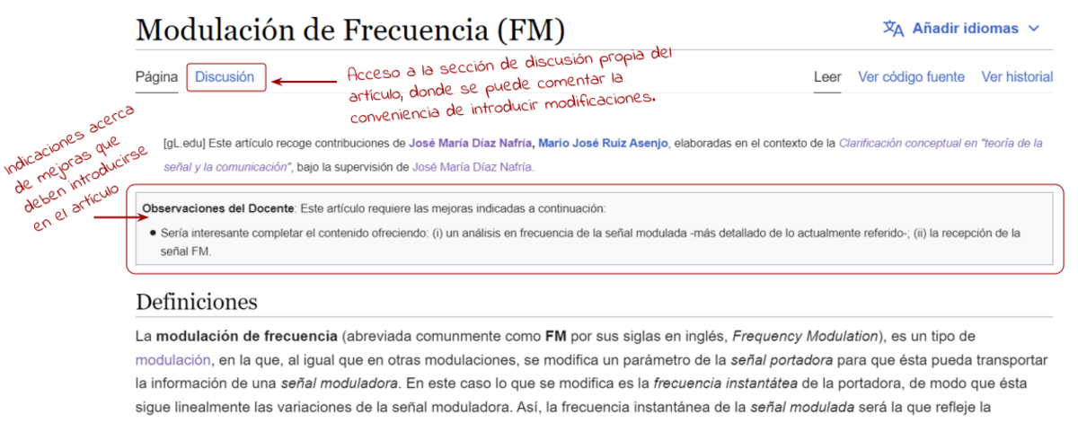 Figura 2: Ejemplo de artículo en el que un docente destaca mejoras que debieran introducirse. Se destaca también cómo acceder a la sección de discusión aneja a cada concepto.